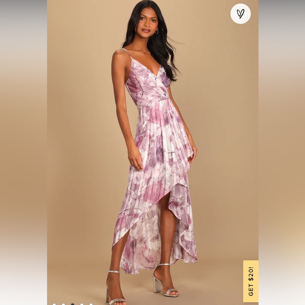 Size XS purple multi floral print high-low maxi dress from Lulu’s worn once